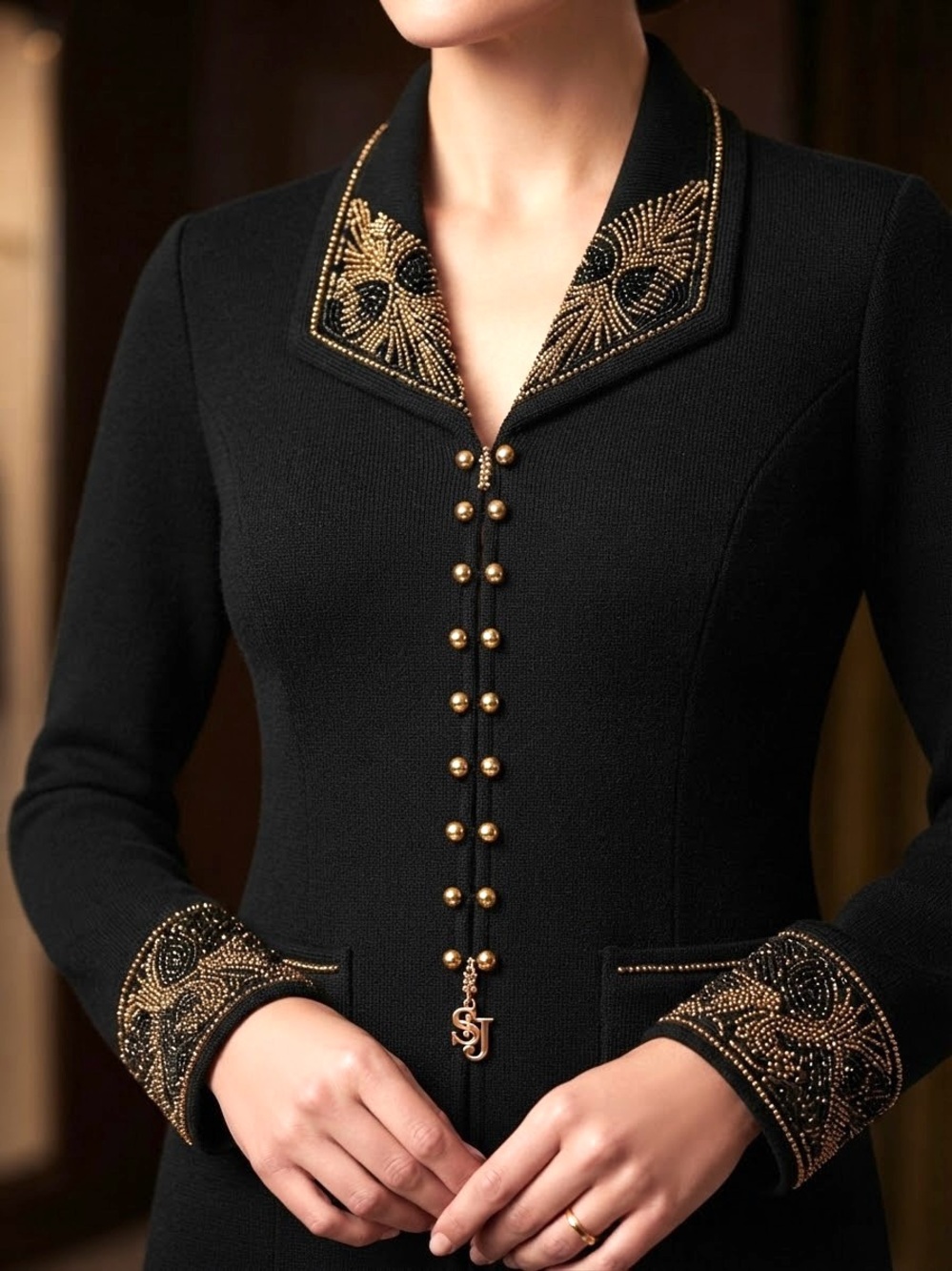 St. John Black Jacket with Gold Bead Embellishment